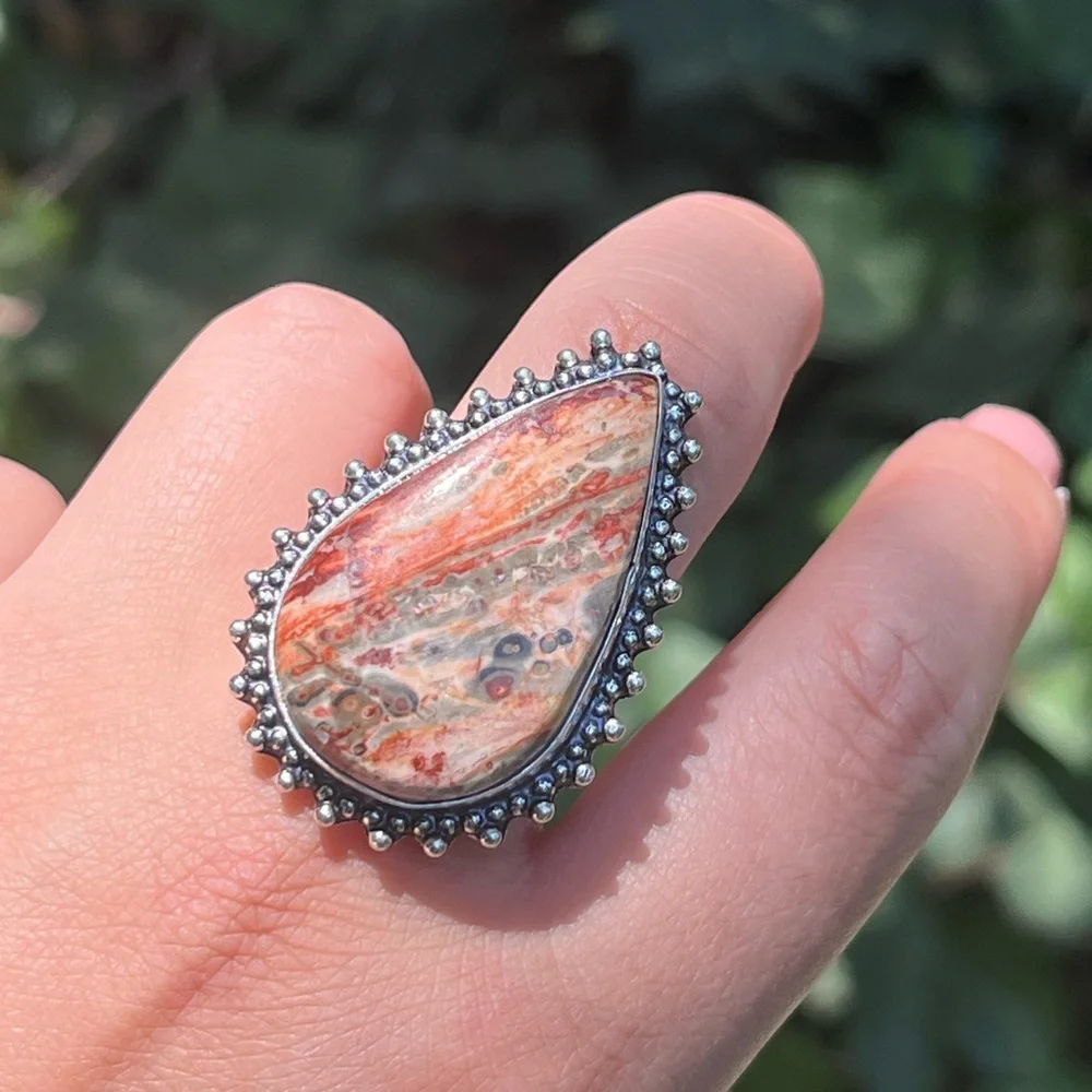Size 8.25 925‎ silver plated leopard skin jasper ring